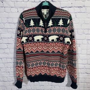 Aspen Mens Fair Isle Animal Print 1/4 Zip Sweater Red Blue Sz L Fisherman Casual